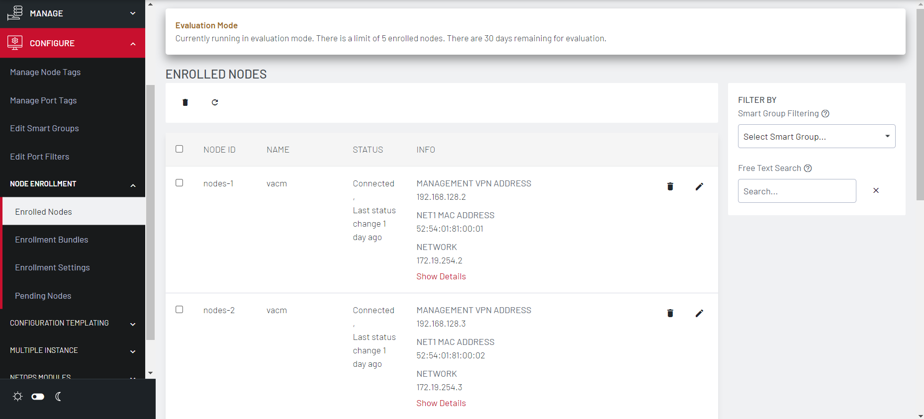 Image of the LIghthouse UI showing the Enrolled nodes in a Lighthouse instance